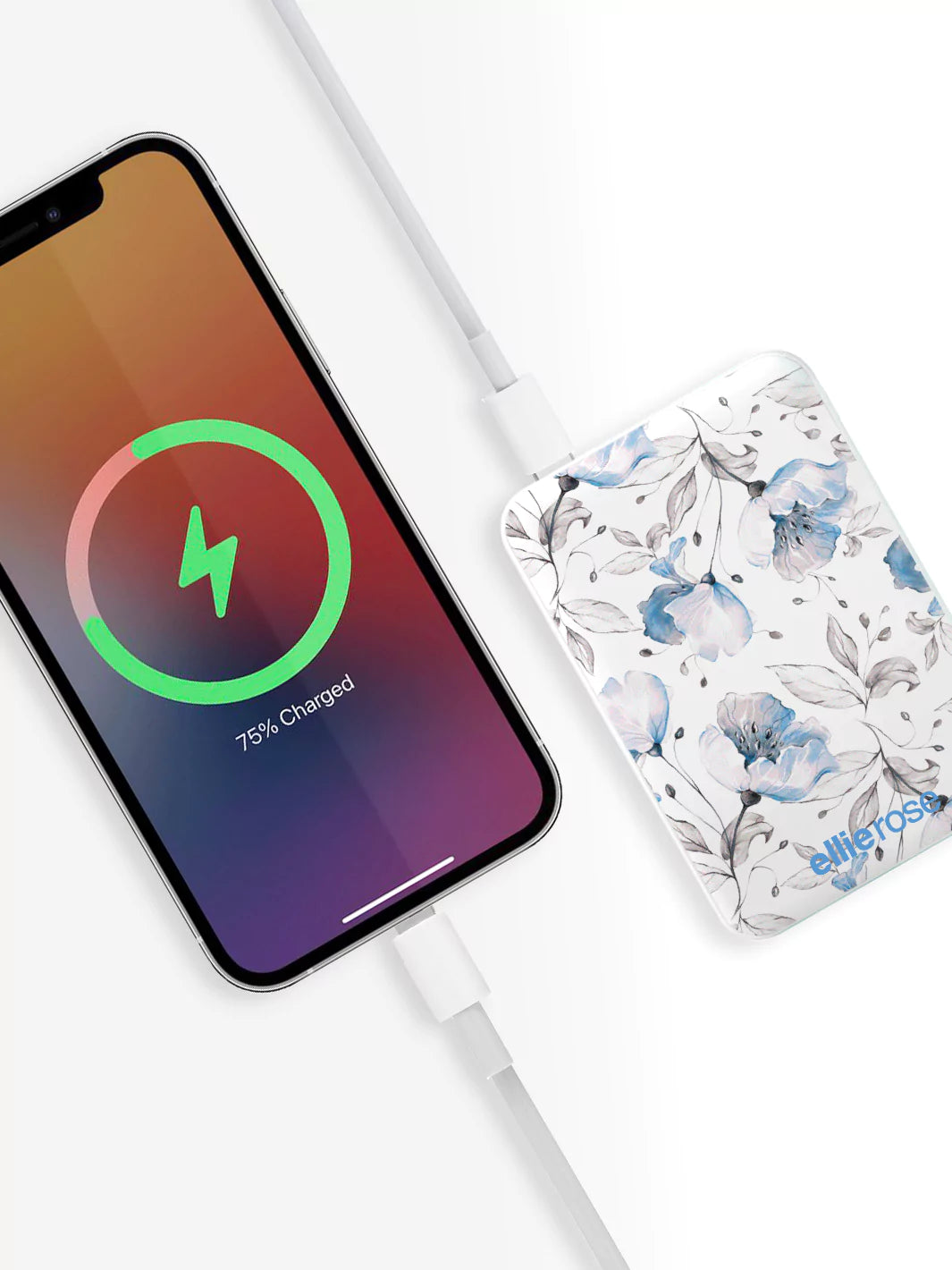 Blue floral powerbank while charging an iPhone