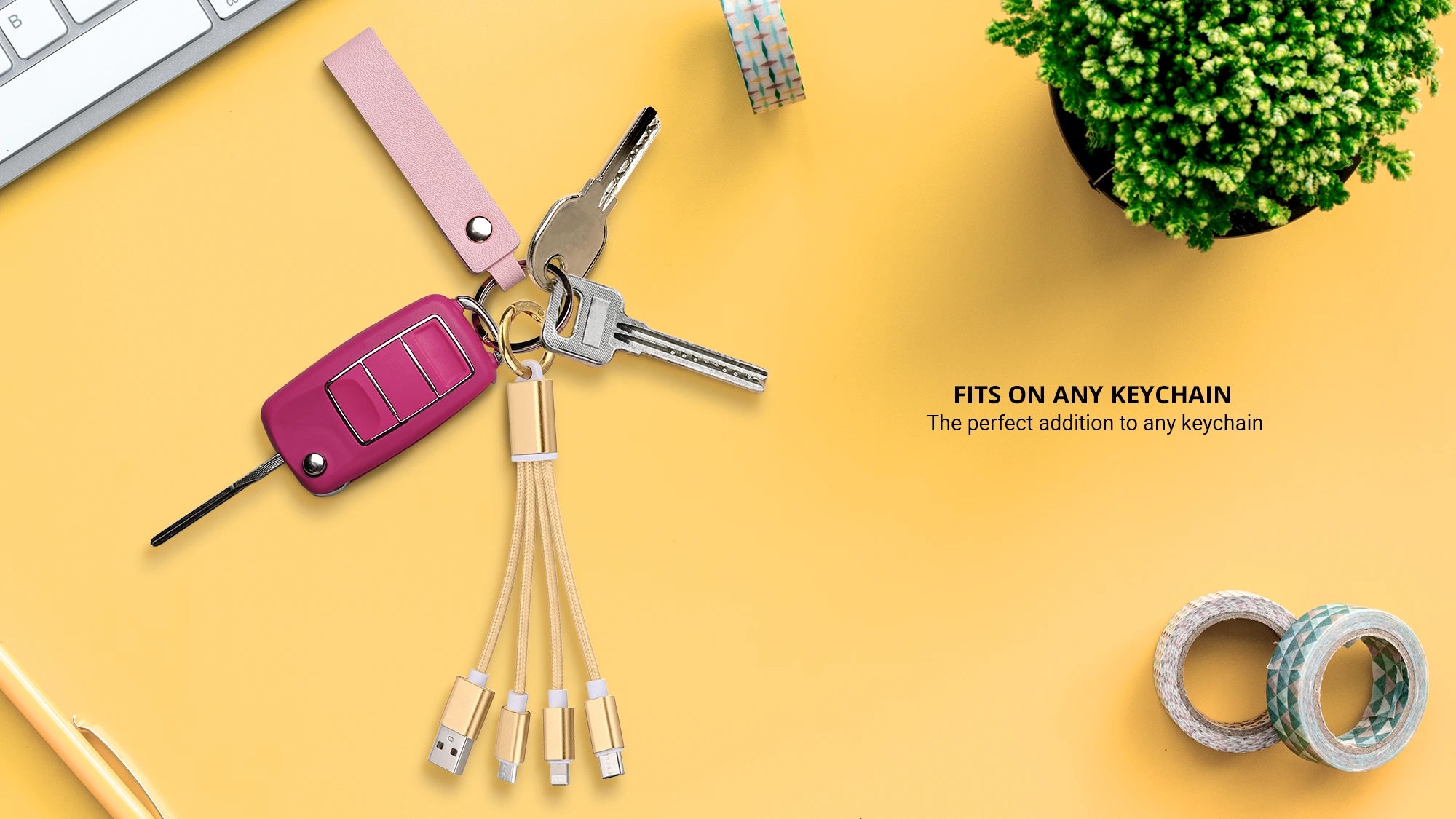 3 in 1 gold charging cable keychain attached to multiple keys