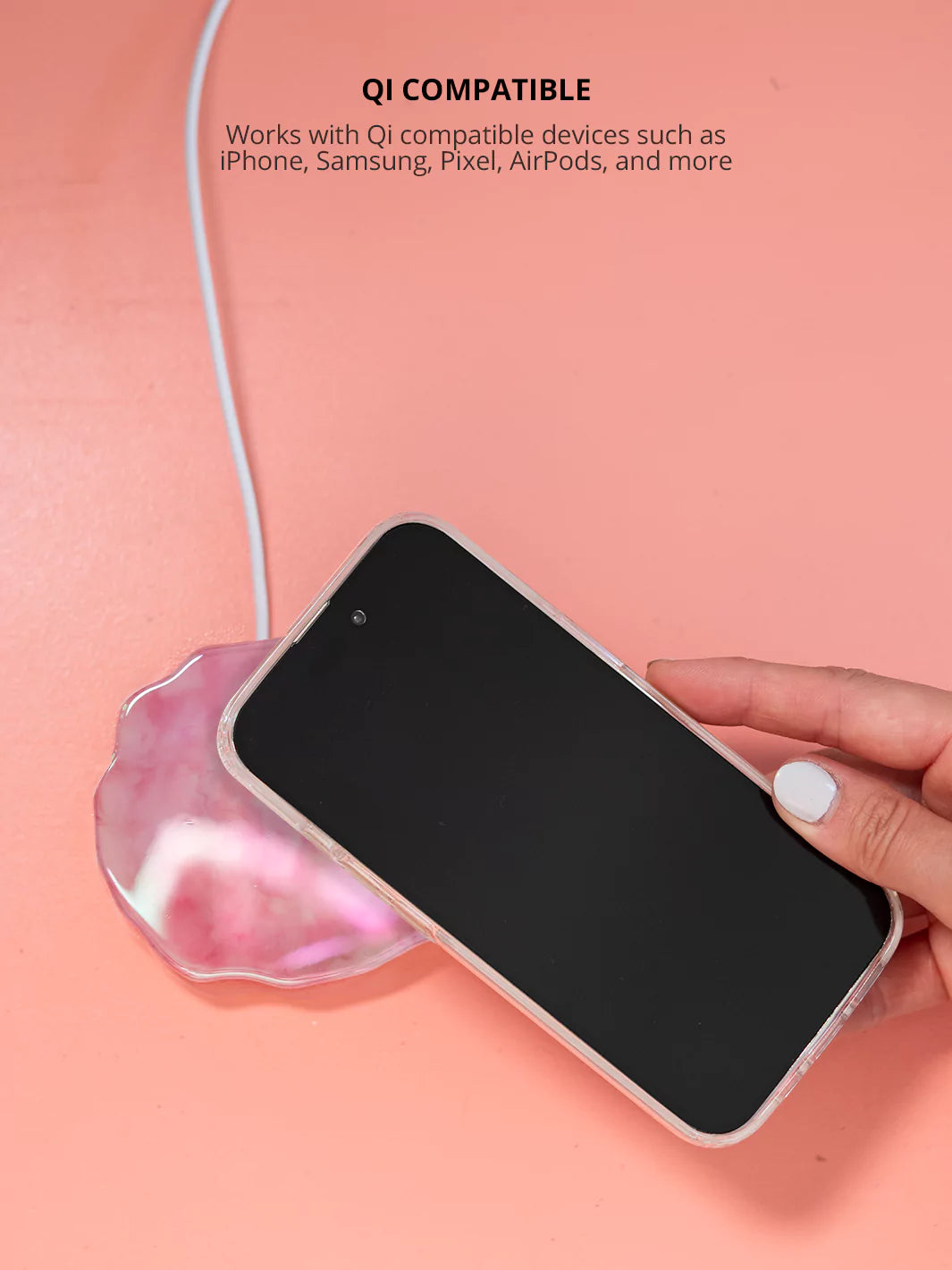 iPhone with Rose Quartz Holographic Wireless Charger QI Compatible