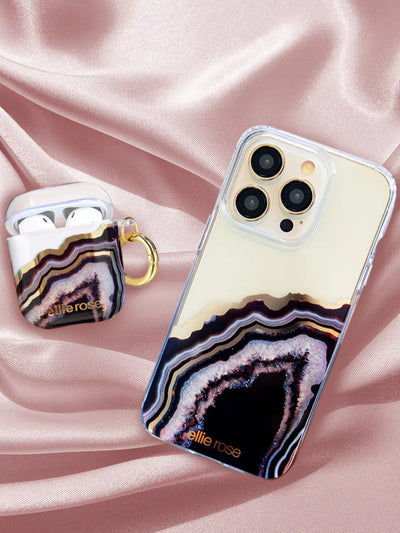 Black Agate AirPods Case together with iphone on pink background