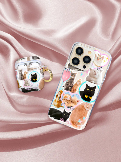 Meow Baby AirPods Case together with iphone on pink background