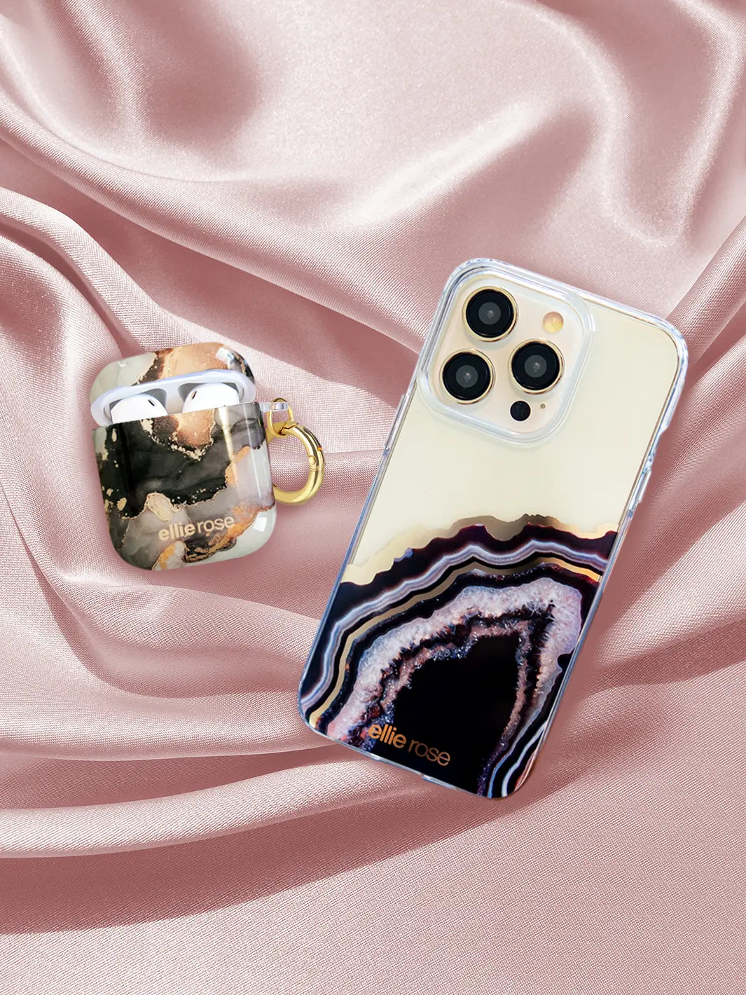 Mercury Marble AirPods Case together with iphone on pink background