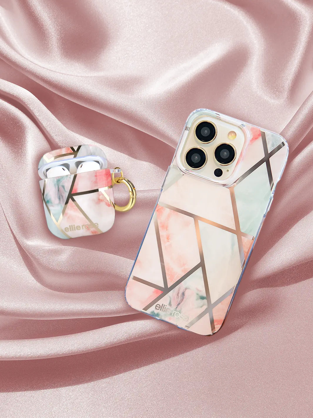 Peachy Green Airpods Case together with iphone on pink background