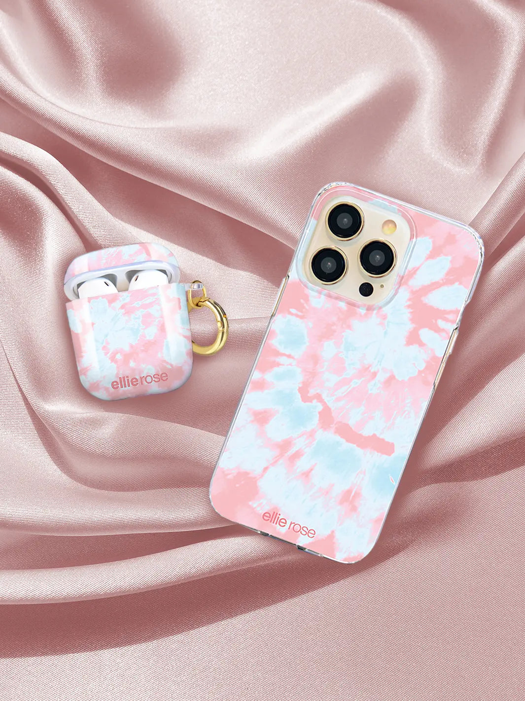 Pink and blue Tie Dye AirPods Case together with iphone on pink background