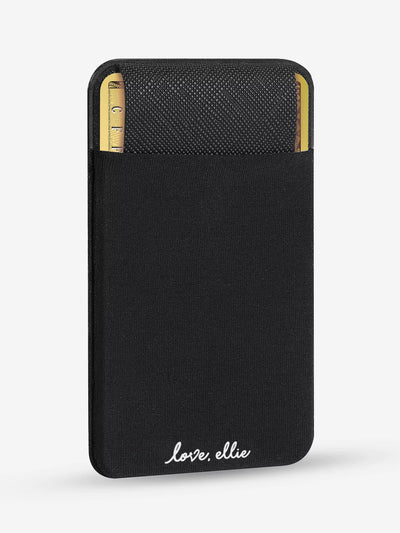 Side view of Black Phone pocket with card and love ellie logo