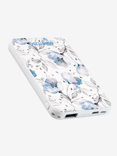 Blue floral powerbank with ellie rose logo and charging port