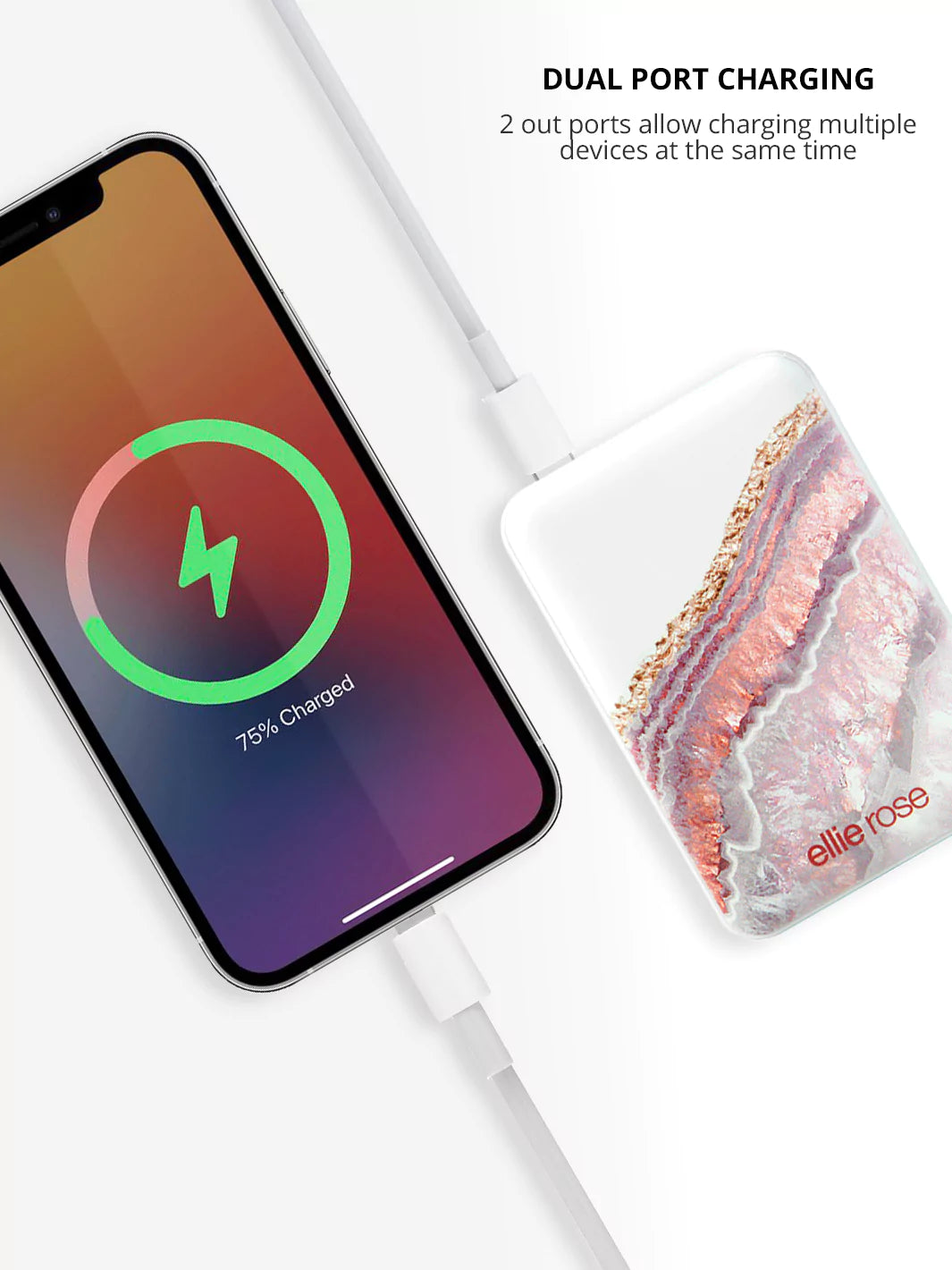 Rose gold agate powerbank while charging an iPhone