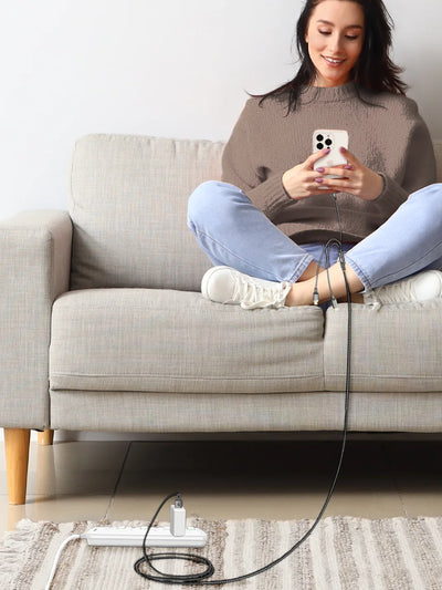 Charging an iphone while seating on sofa using Black 3 in 1 charging cable