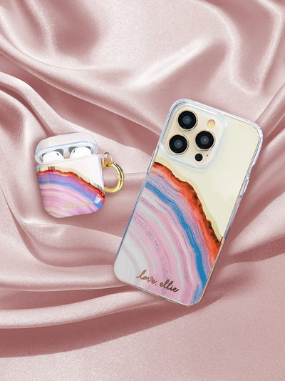 Candy Agate AirPods Case together with iphone on pink background