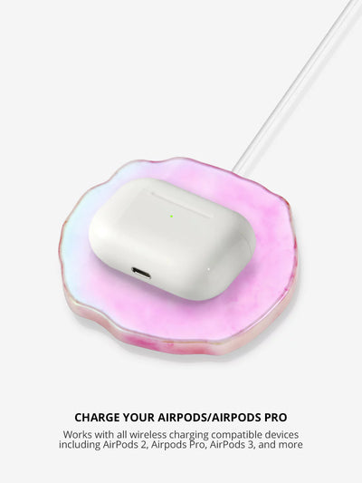 Charging an airpods pro on a Rose Quartz Holographic Wireless Charger