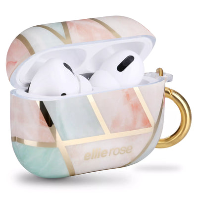 Side view of peachy green airpods pro case with gold hook ring