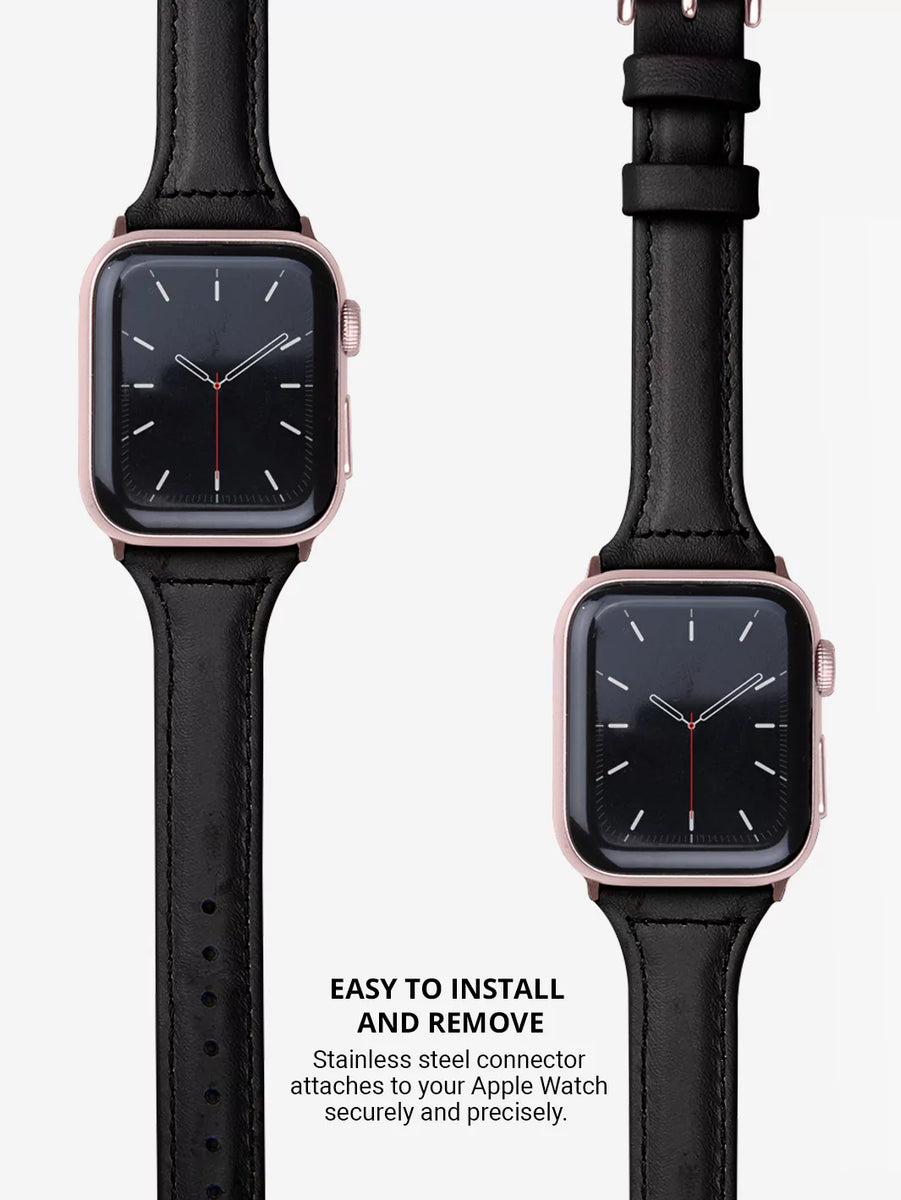 showing black leather band apple watch 