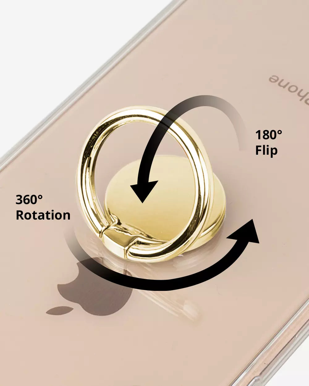 Gold phone ring on iPhone with 360 rotation and 180 flip 