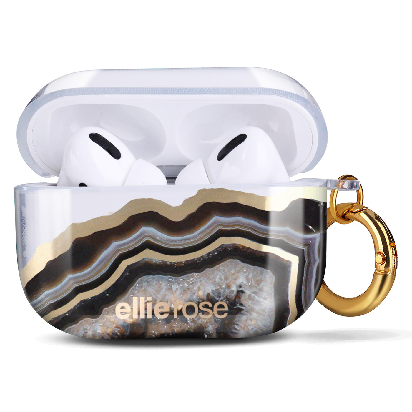 Open Black Agate Airpods Pro Case With Gold Ring Hook