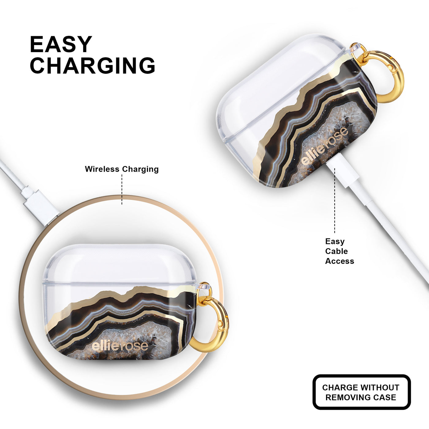 Wireless Charging Compatible Black Agate Airpods Pro Case With Gold Ring Hook