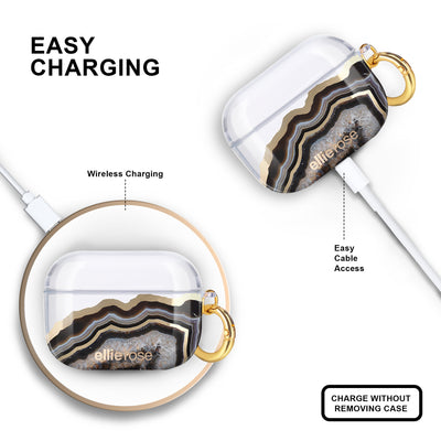 Wireless Charging Compatible Black Agate Airpods Pro Case With Gold Ring Hook