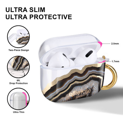 Two piece, drop protection and ultra thin Black and Gold Agate Airpods Pro Case