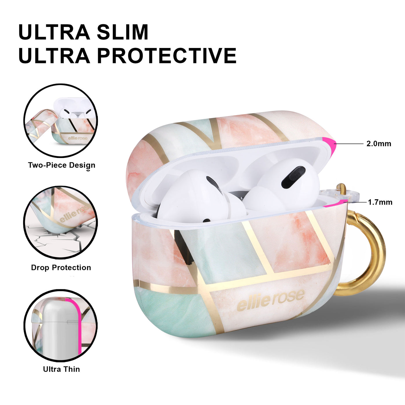 ultra slim, ultra protective, two piece design, and drop protection Peachy green airpods pro case