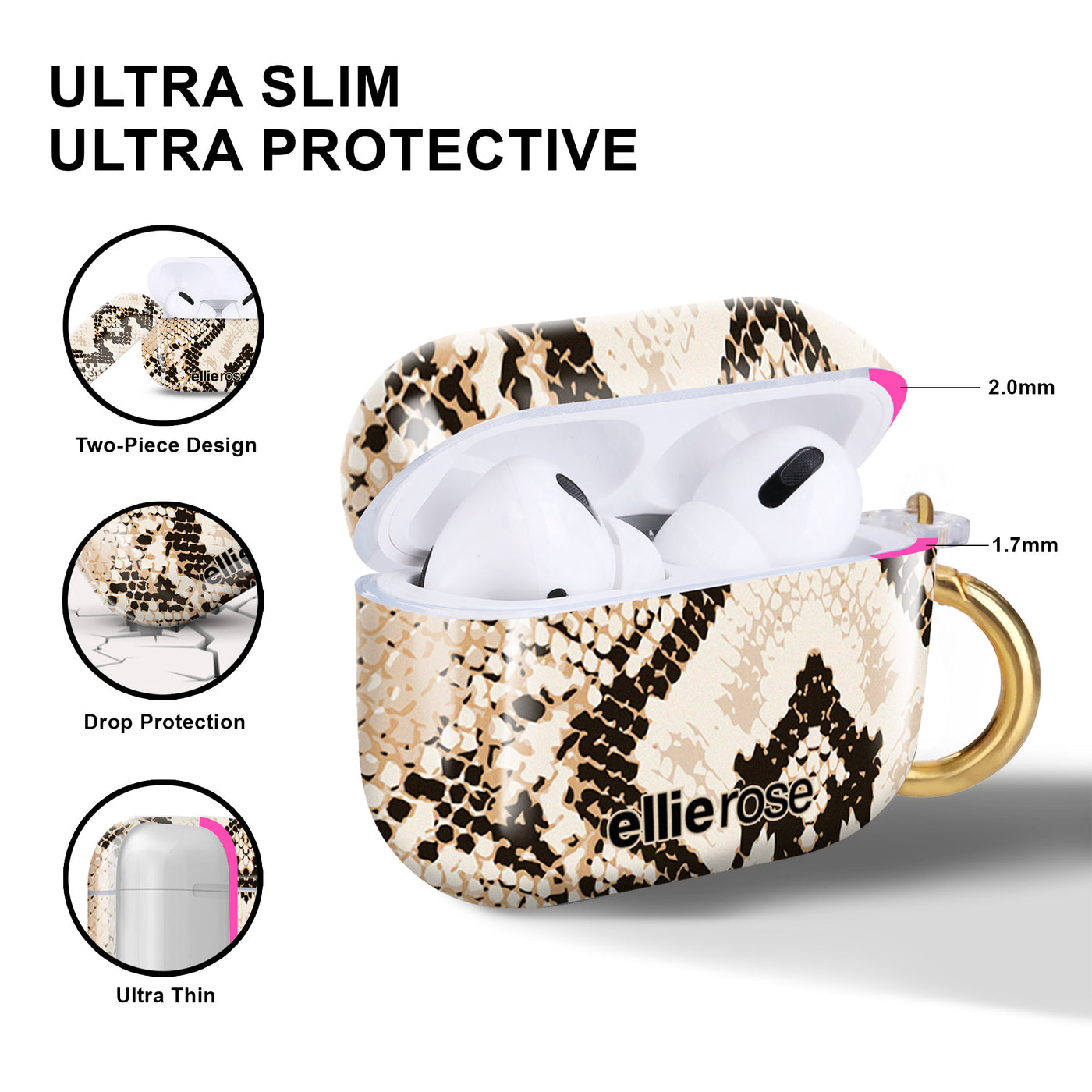 two piece design, drop protection, ultra slim and ultra protective Snakeskin Airpods Pro Case