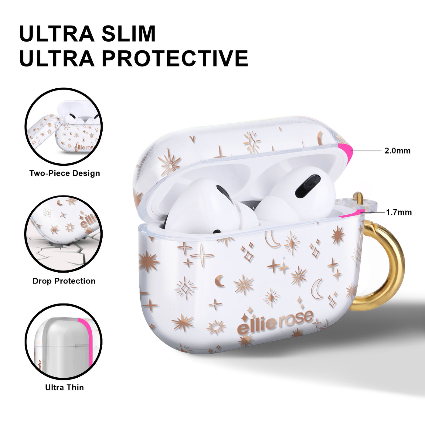 Two piece design, drop protection, ultra slim and ultra protective Starstruck Airpods Pro Case