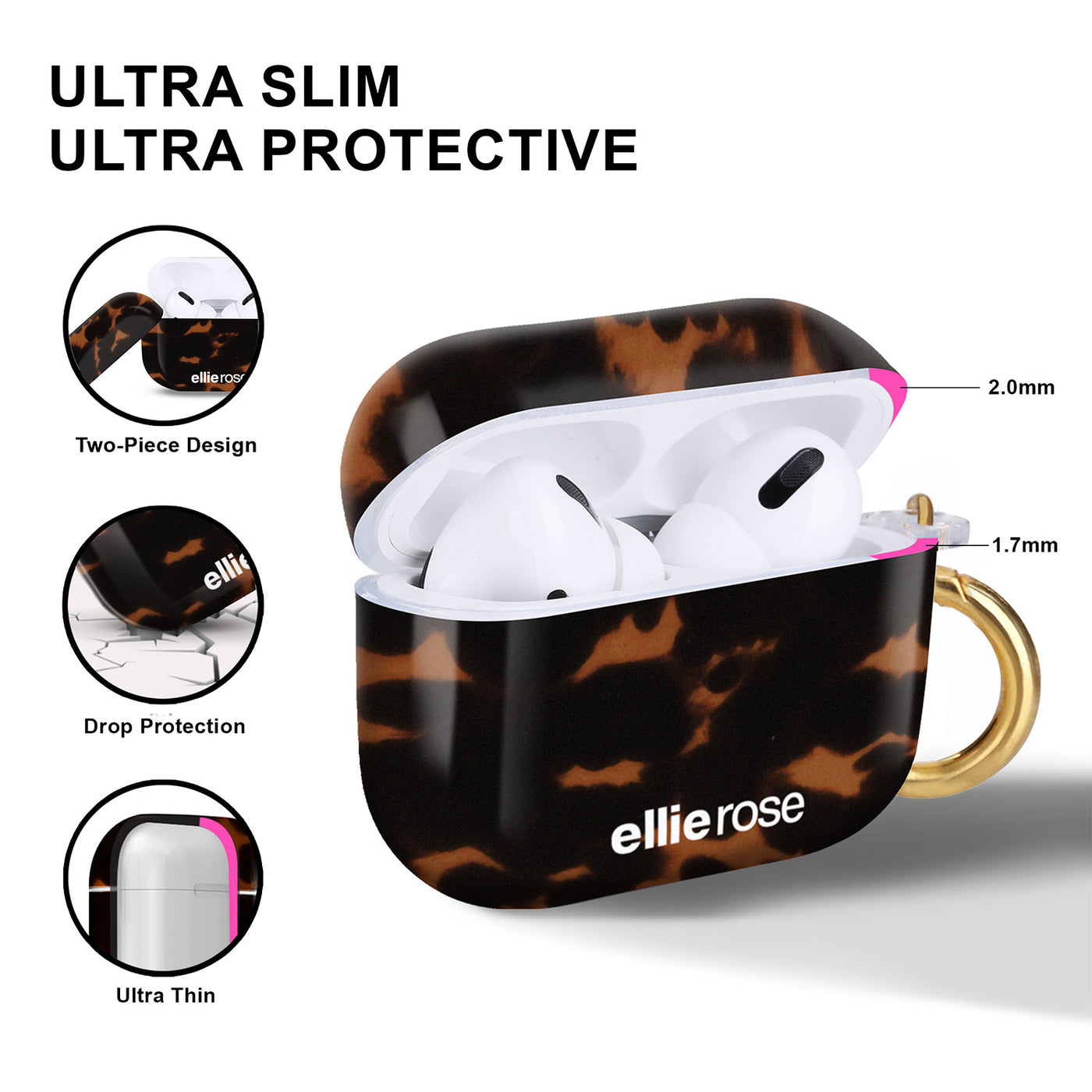 ultra slim, ultra protective, two piece design, and drop protection Tortoiseshell Airpods Pro Case